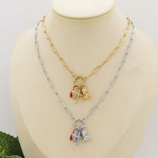 LUCKY TEDDY ~ ACCIAIO INOSSIDABILE - Collana catena paperclip con ciondoli scaramantici, orsetto, cuore sacro e croce