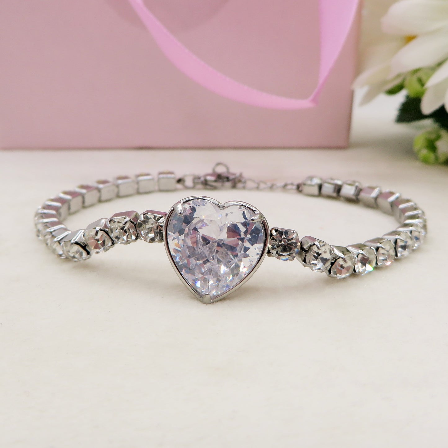 AURORA XL ~ ACCIAIO INOSSIDABILE - Bracciale tennis in cubic zirconia con cuore centrale