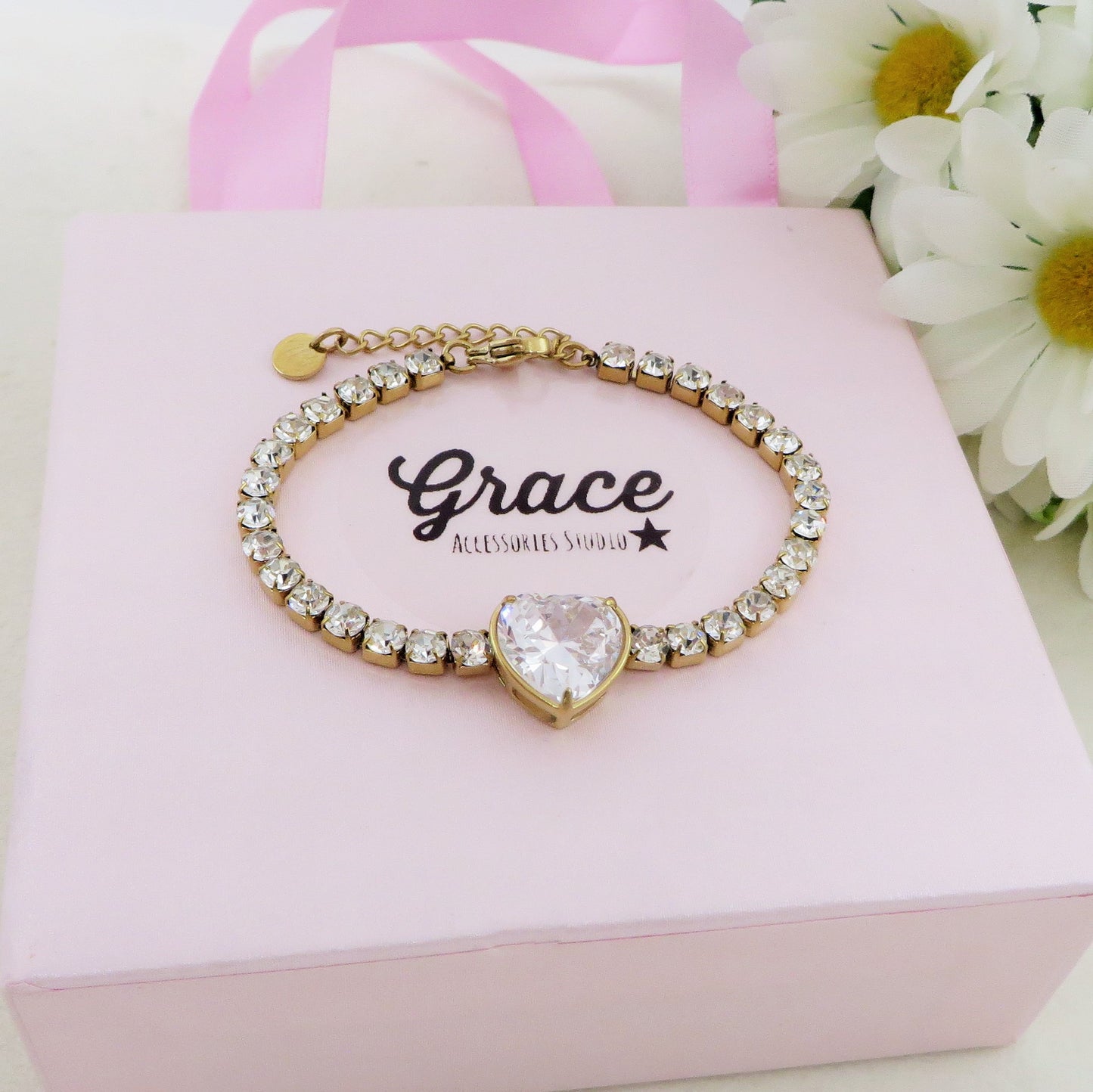 AURORA XL ~ ACCIAIO INOSSIDABILE - Bracciale tennis in cubic zirconia con cuore centrale