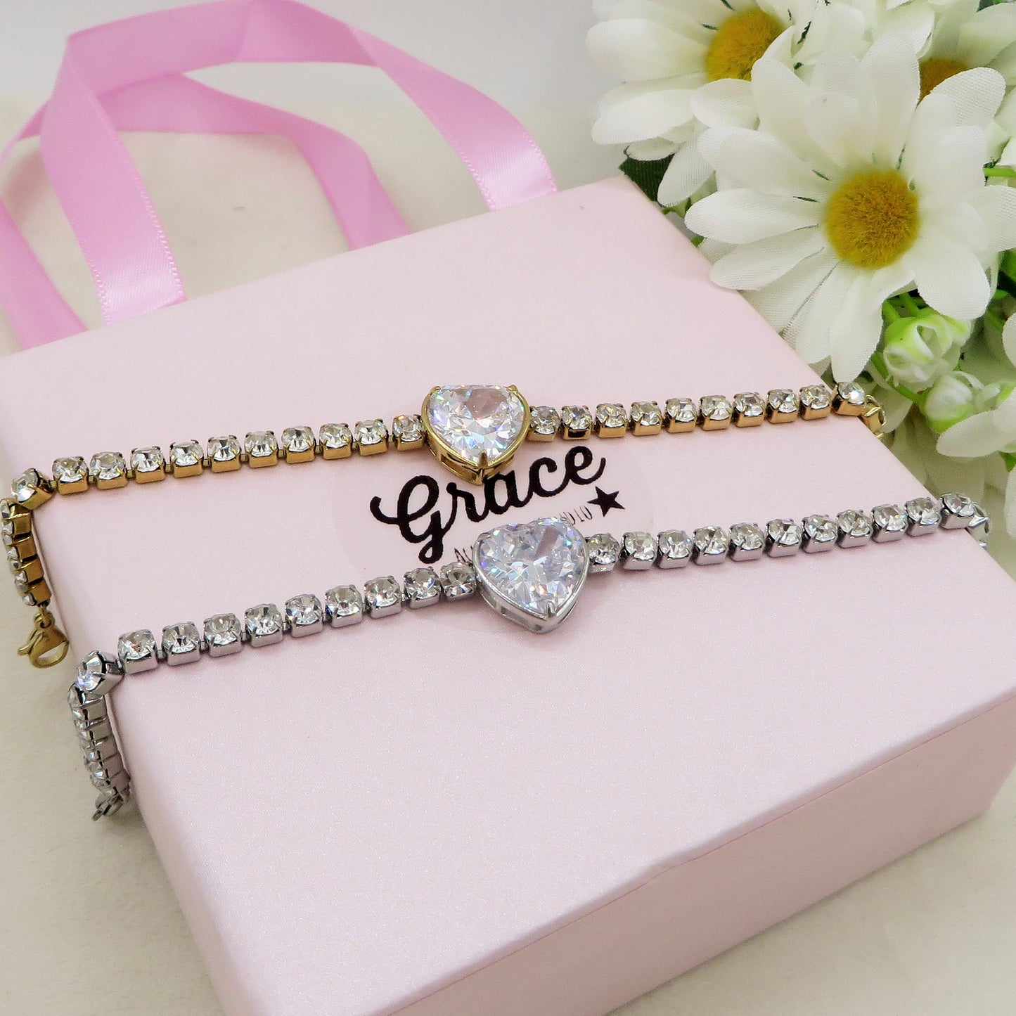 AURORA XL ~ ACCIAIO INOSSIDABILE - Bracciale tennis in cubic zirconia con cuore centrale