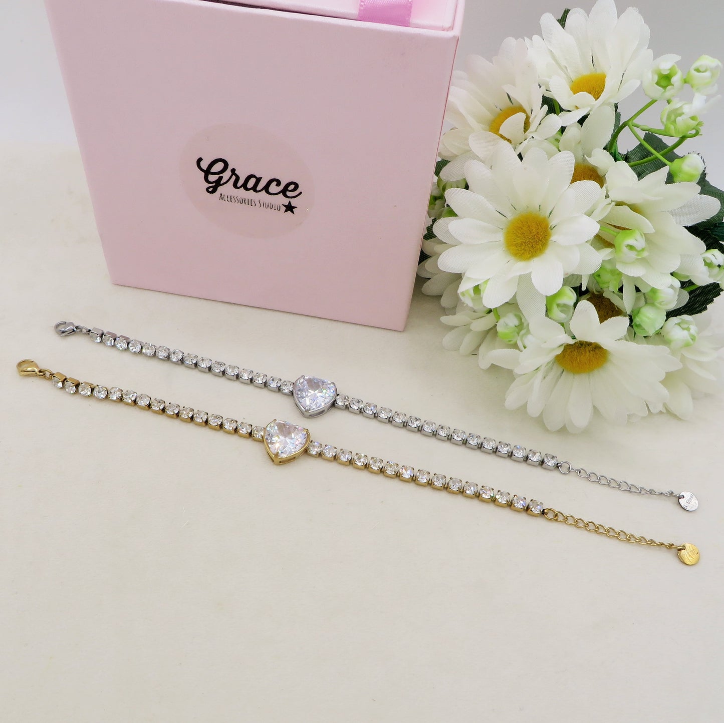 AURORA XL ~ ACCIAIO INOSSIDABILE - Bracciale tennis in cubic zirconia con cuore centrale