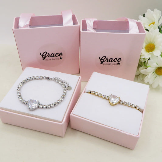 AURORA XL ~ ACCIAIO INOSSIDABILE - Bracciale tennis in cubic zirconia con cuore centrale
