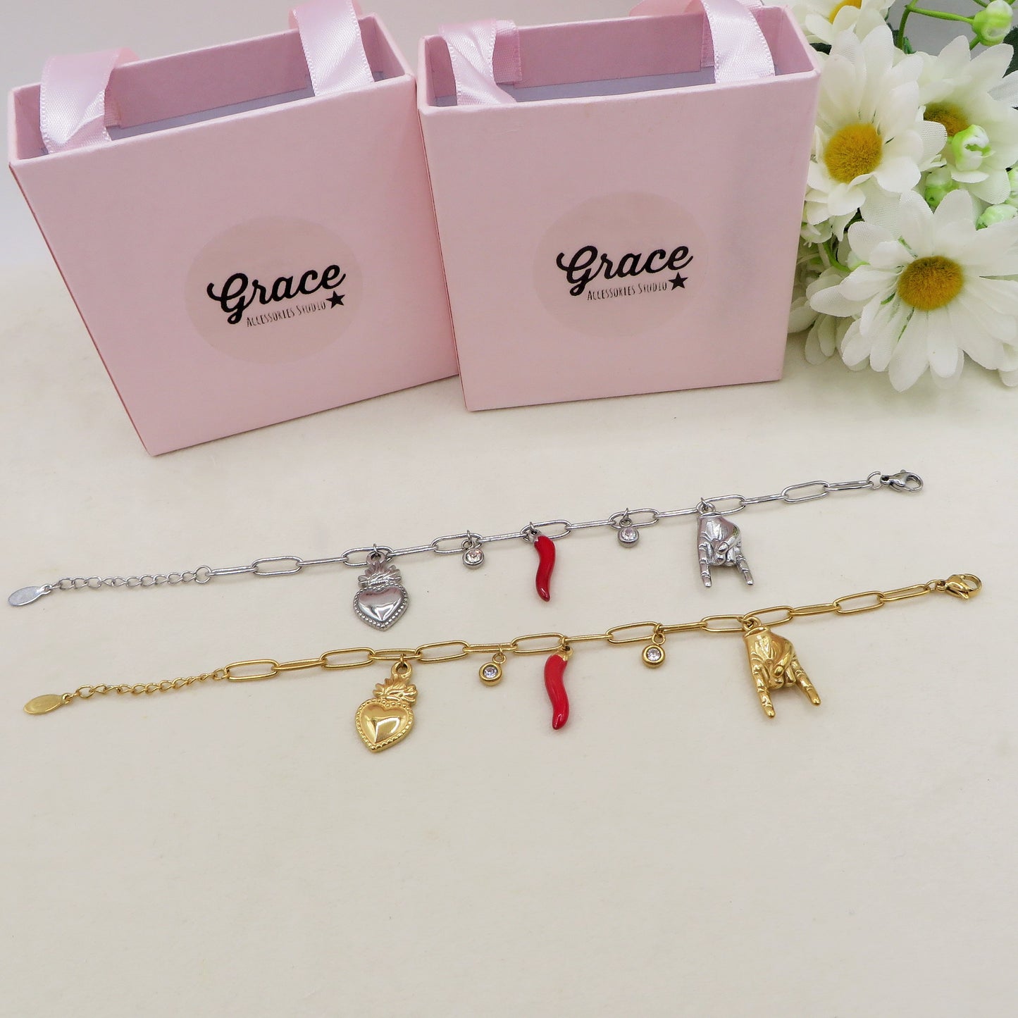 MEGA LUCKY - Bracciale con ciondoli scaramantici ACCIAIO INOSSIDABILE
