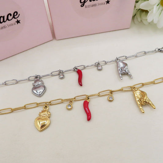 MEGA LUCKY - Bracciale con ciondoli scaramantici ACCIAIO INOSSIDABILE