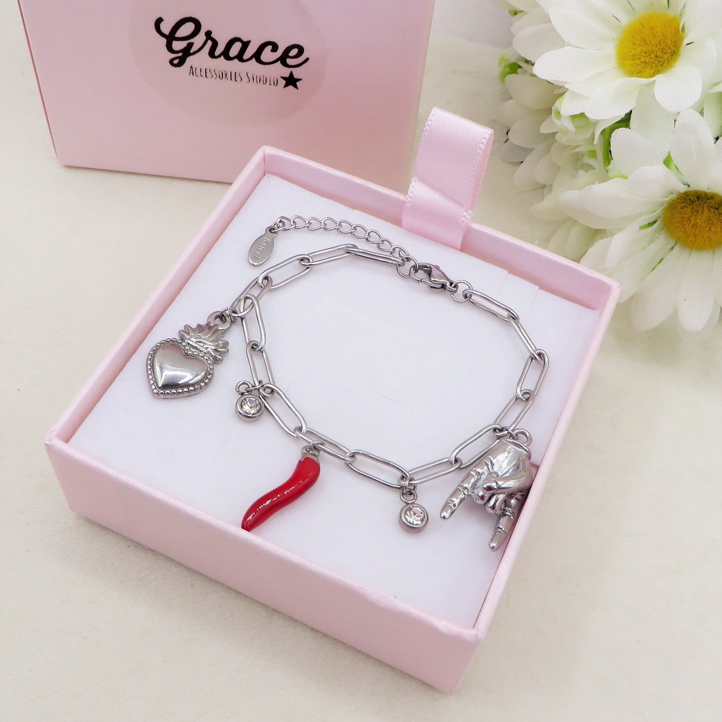 MEGA LUCKY - Bracciale con ciondoli scaramantici ACCIAIO INOSSIDABILE