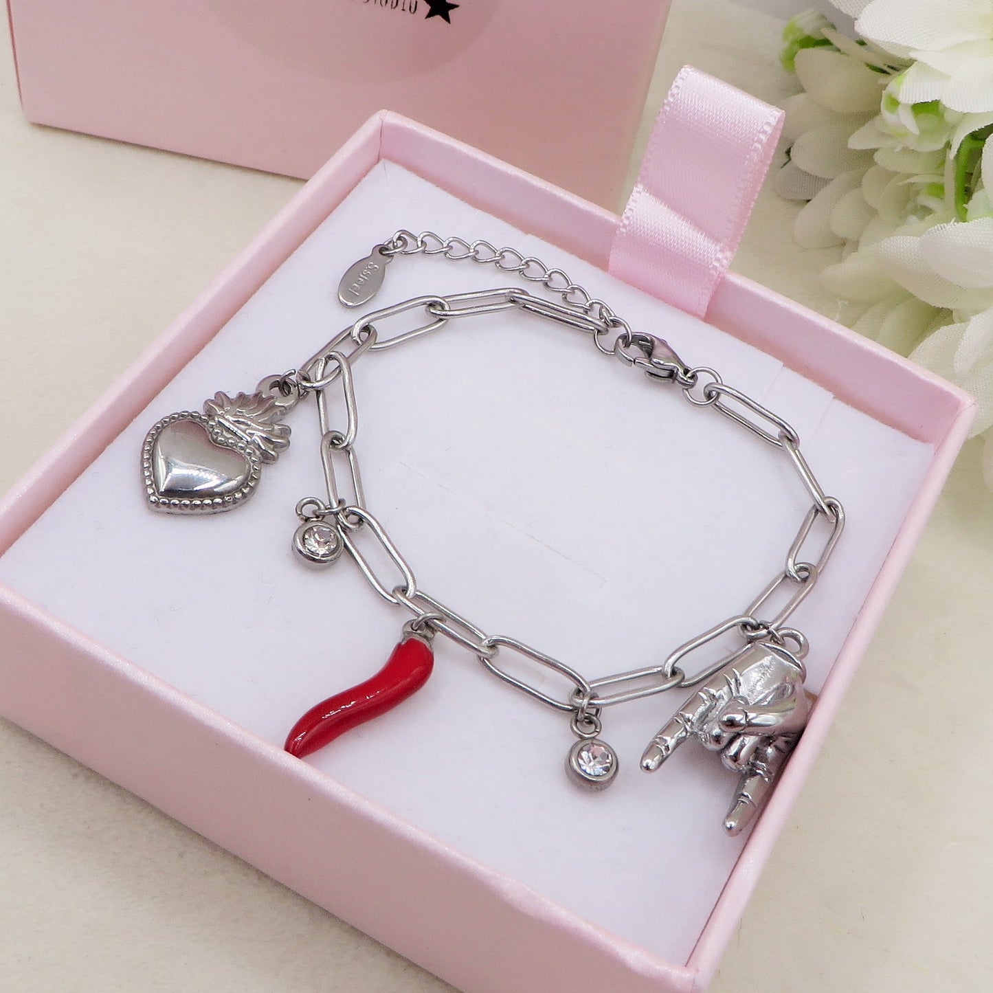 MEGA LUCKY - Bracciale con ciondoli scaramantici ACCIAIO INOSSIDABILE