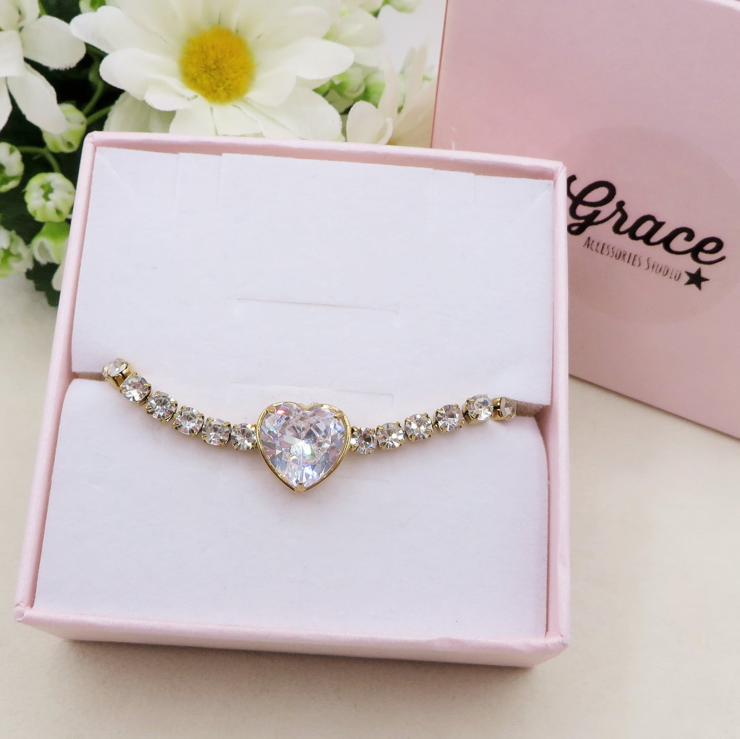 AURORA XL ~ ACCIAIO INOSSIDABILE - Bracciale tennis in cubic zirconia con cuore centrale