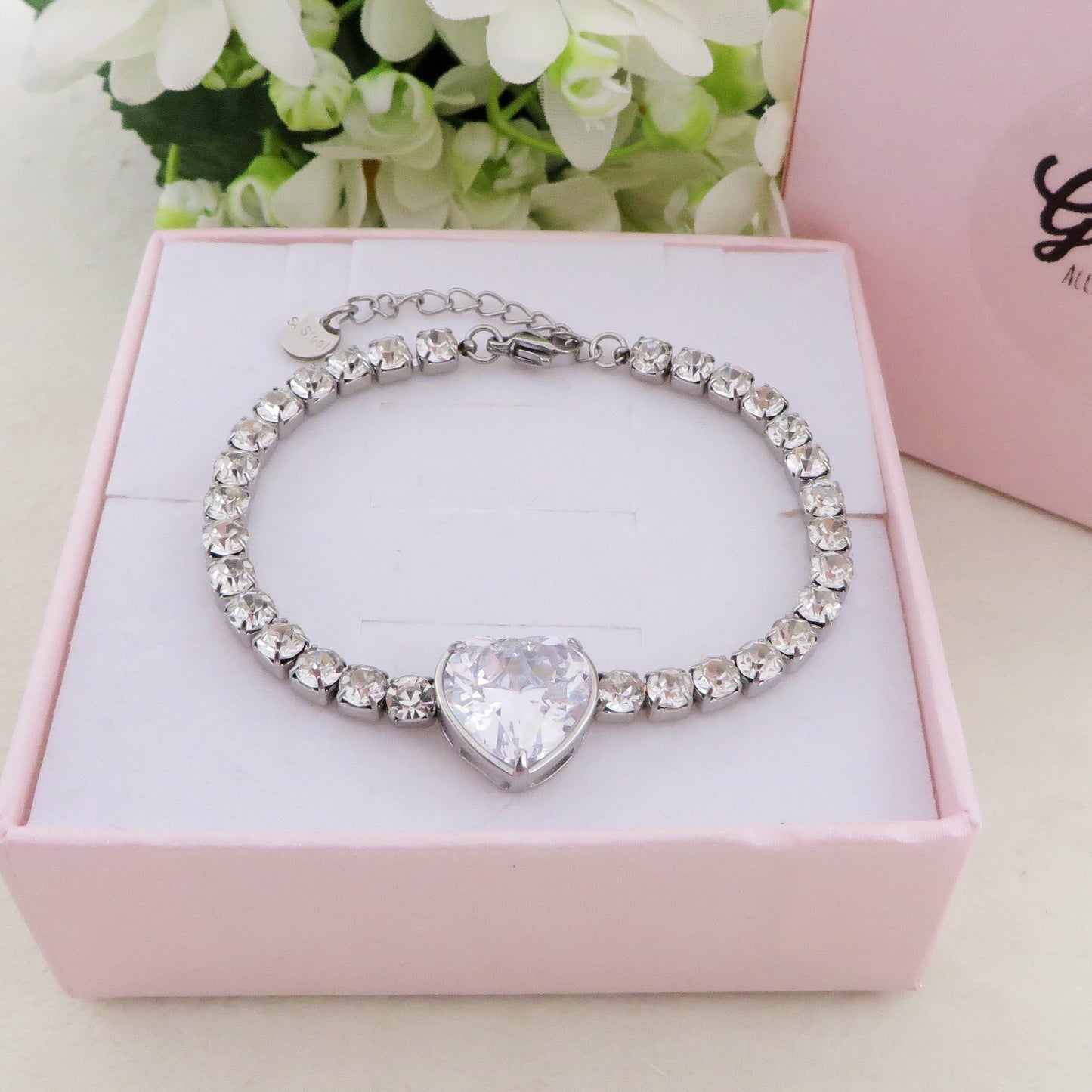 AURORA XL ~ ACCIAIO INOSSIDABILE - Bracciale tennis in cubic zirconia con cuore centrale
