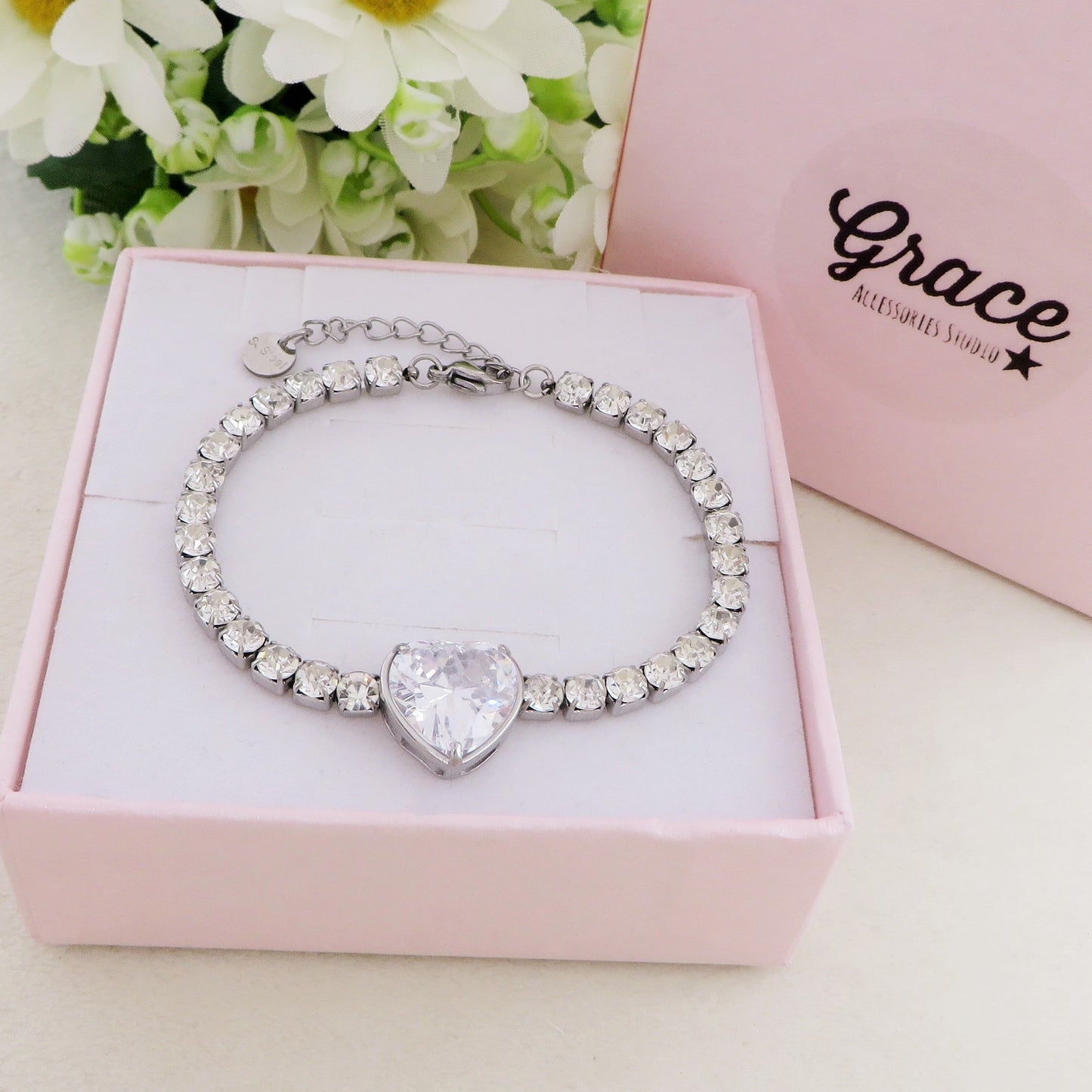 AURORA XL ~ ACCIAIO INOSSIDABILE - Bracciale tennis in cubic zirconia con cuore centrale