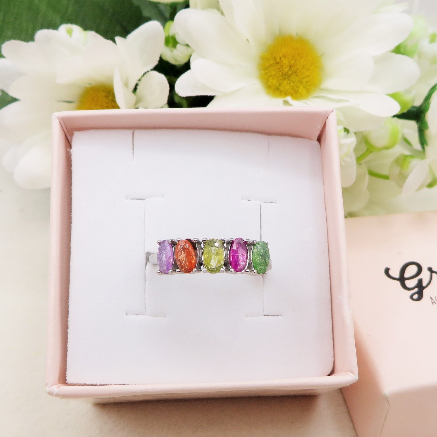 ESME ~ Anello regolabile in ACCIAIO INOSSIDABILE con CUBIC ZIRCONIA rainbow colours
