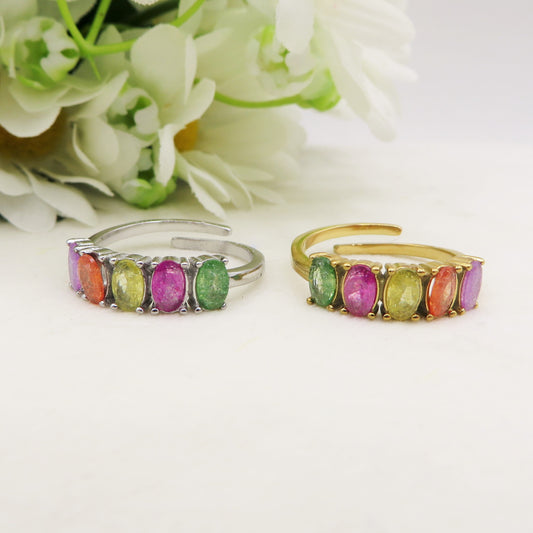 ESME ~ Anello regolabile in ACCIAIO INOSSIDABILE con CUBIC ZIRCONIA rainbow colours