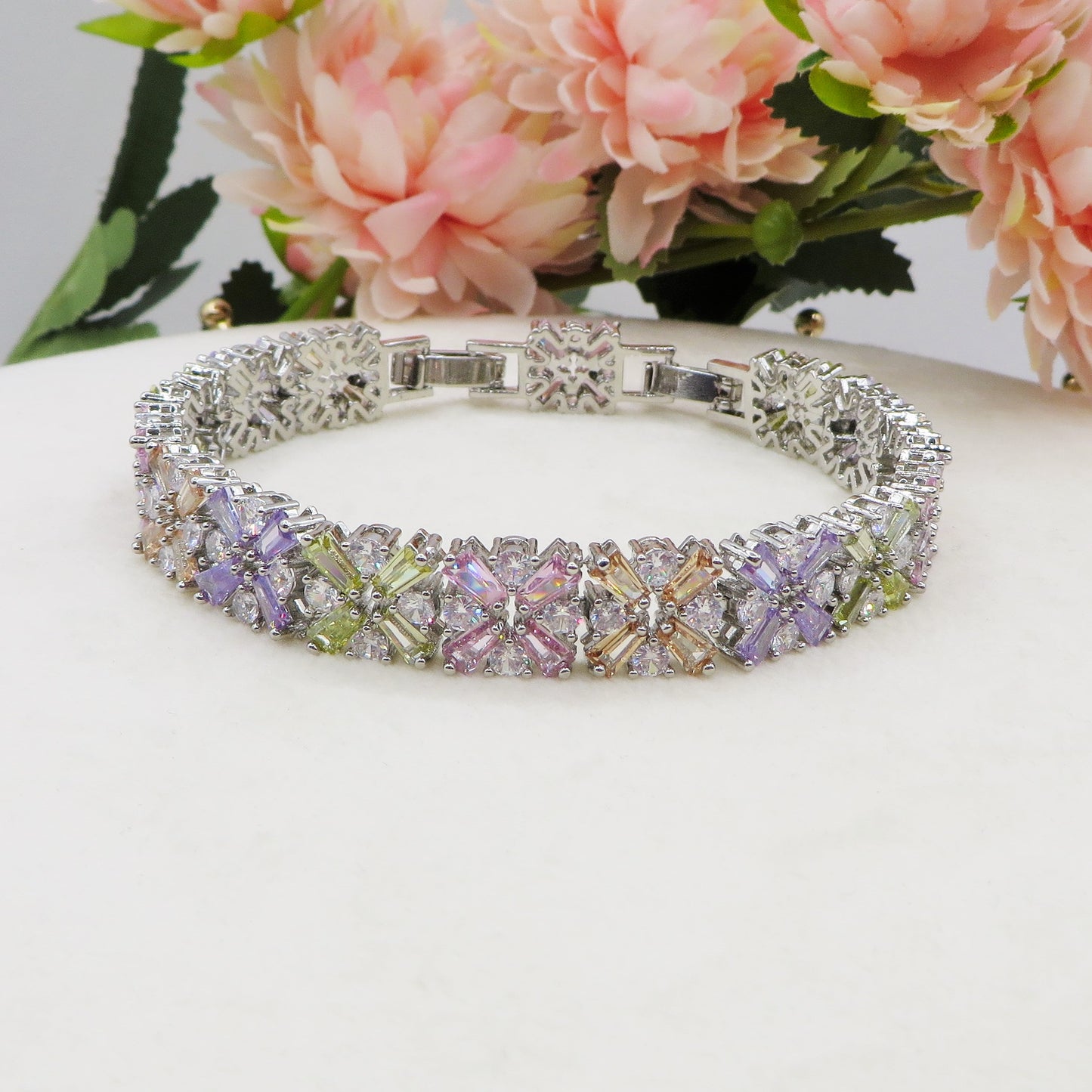 PEONY - bracciale tennis floreale con cubic zirconia RAINBOW