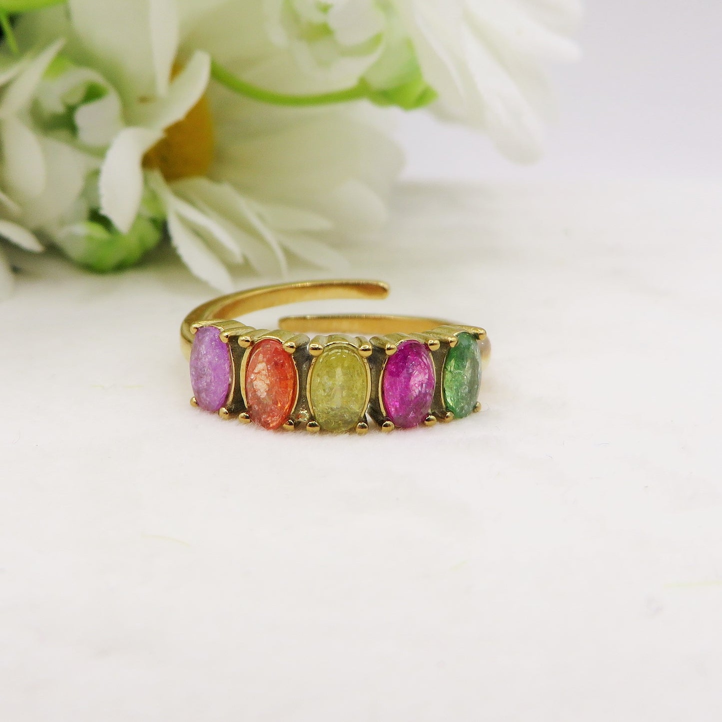 ESME ~ Anello regolabile in ACCIAIO INOSSIDABILE con CUBIC ZIRCONIA rainbow colours