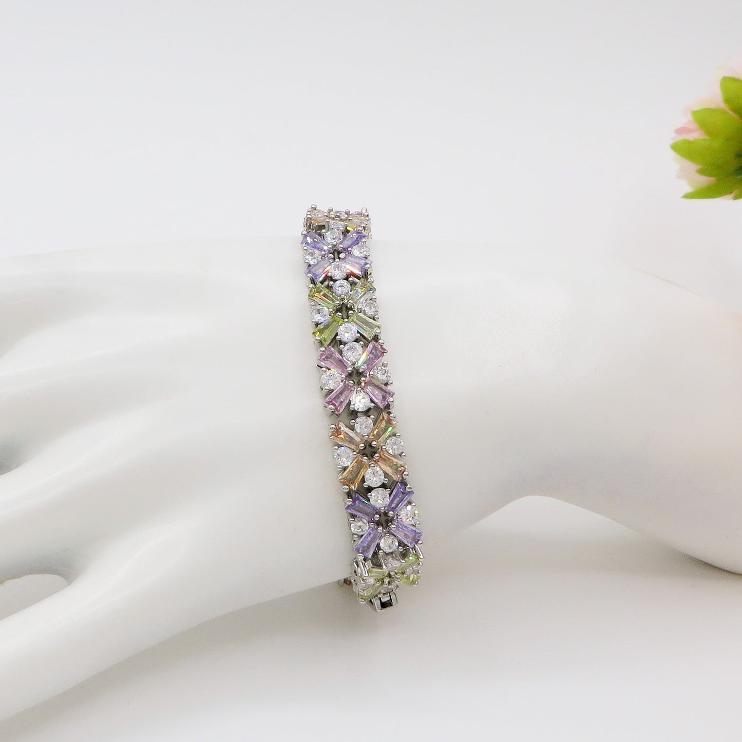 PEONY - bracciale tennis floreale con cubic zirconia RAINBOW