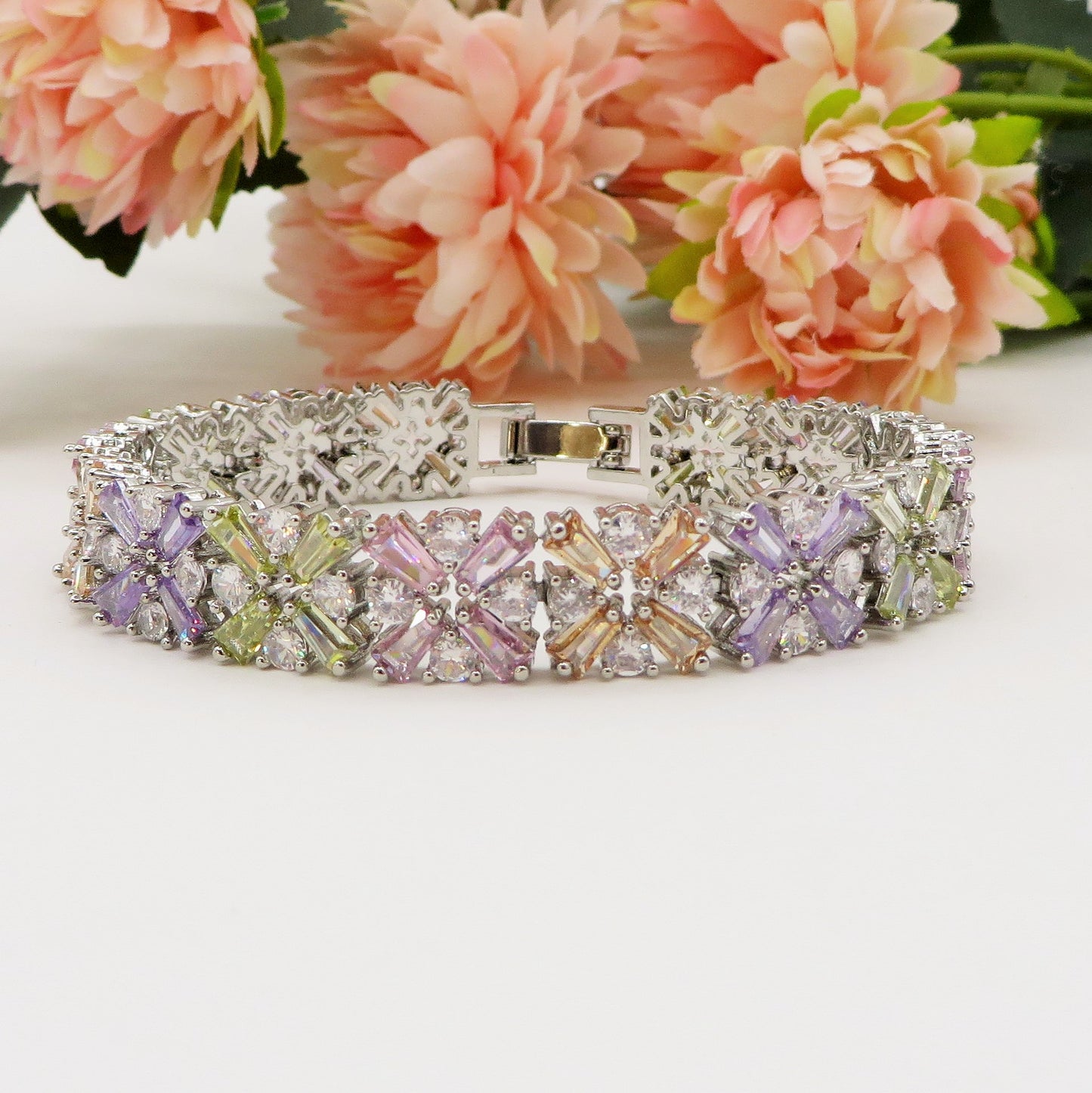PEONY - bracciale tennis floreale con cubic zirconia RAINBOW