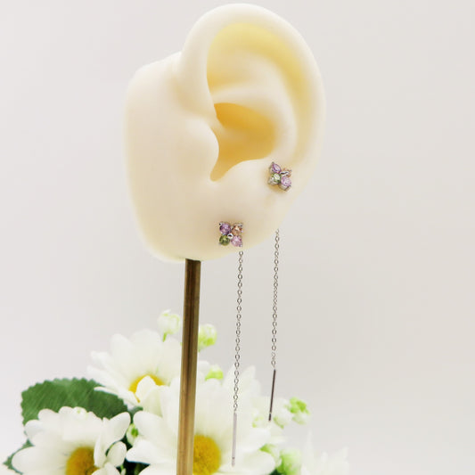 SPRING CLOVER quadrifoglio - ACCIAIO inossidabile ~ Paio Orecchini filo pendenti con cubic zirconia - saliscendi