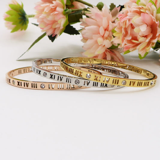 ROME ~ Acciaio Inossidabile - Bracciale rigido numeri romani con cubic zirconia