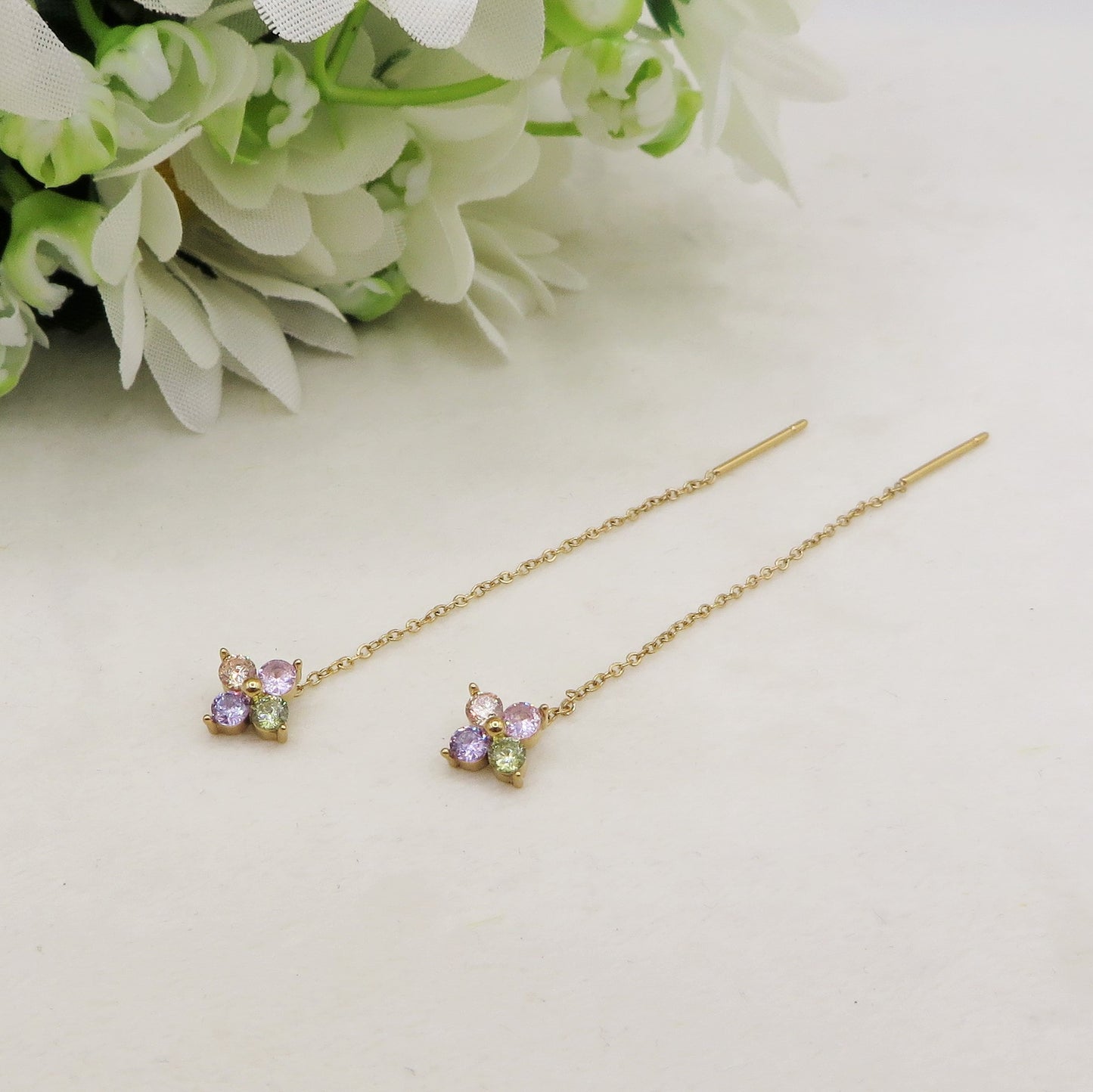 SPRING CLOVER quadrifoglio - ACCIAIO inossidabile ~ Paio Orecchini filo pendenti con cubic zirconia - saliscendi