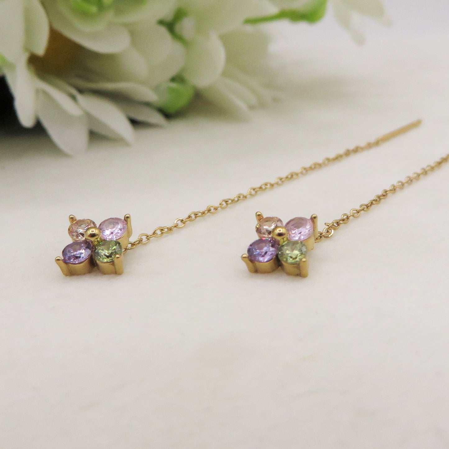 SPRING CLOVER quadrifoglio - ACCIAIO inossidabile ~ Paio Orecchini filo pendenti con cubic zirconia - saliscendi