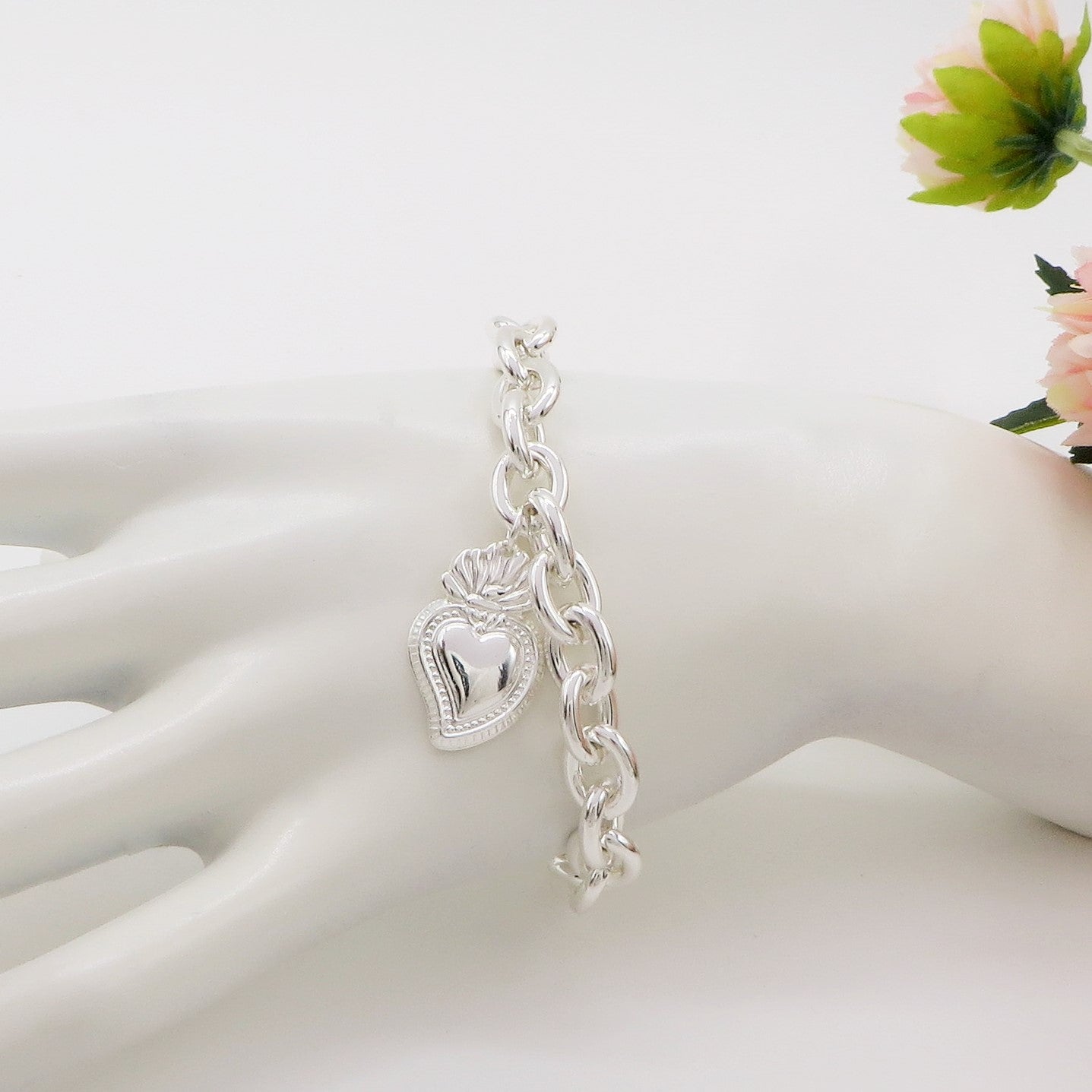 SACRED BIG HEART Bagnato Argento ~ ACCIAIO INOSSIDABILE Bracciale con pendente cuore