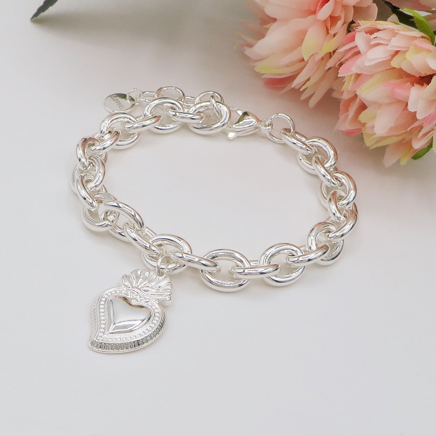 SACRED BIG HEART Bagnato Argento ~ ACCIAIO INOSSIDABILE Bracciale con pendente cuore
