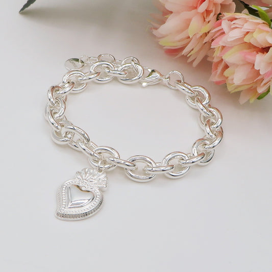 SACRED BIG HEART Bagnato Argento ~ ACCIAIO INOSSIDABILE Bracciale con pendente cuore