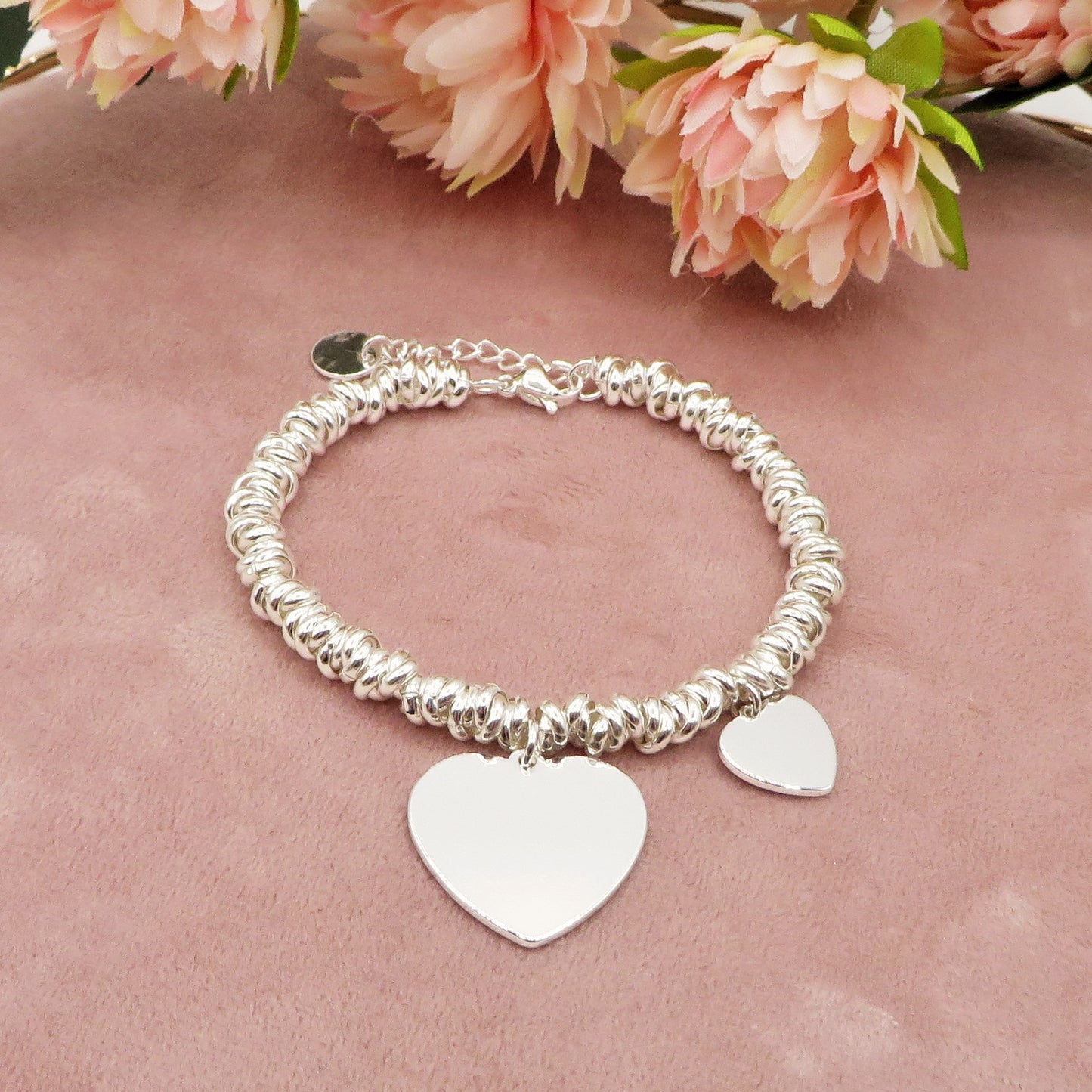 NODINI DOUBLE HEARTS Bagnato Argento ~ ACCIAIO INOSSIDABILE Bracciale con pendenti cuore