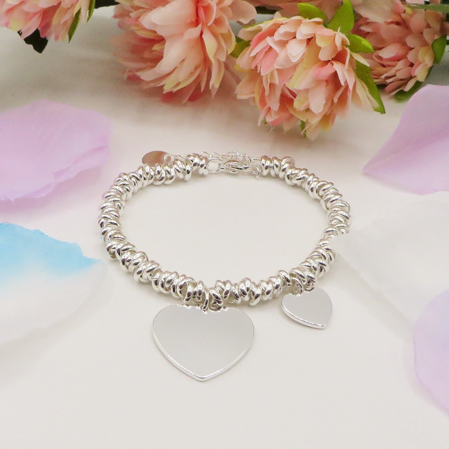 NODINI DOUBLE HEARTS Bagnato Argento ~ ACCIAIO INOSSIDABILE Bracciale con pendenti cuore