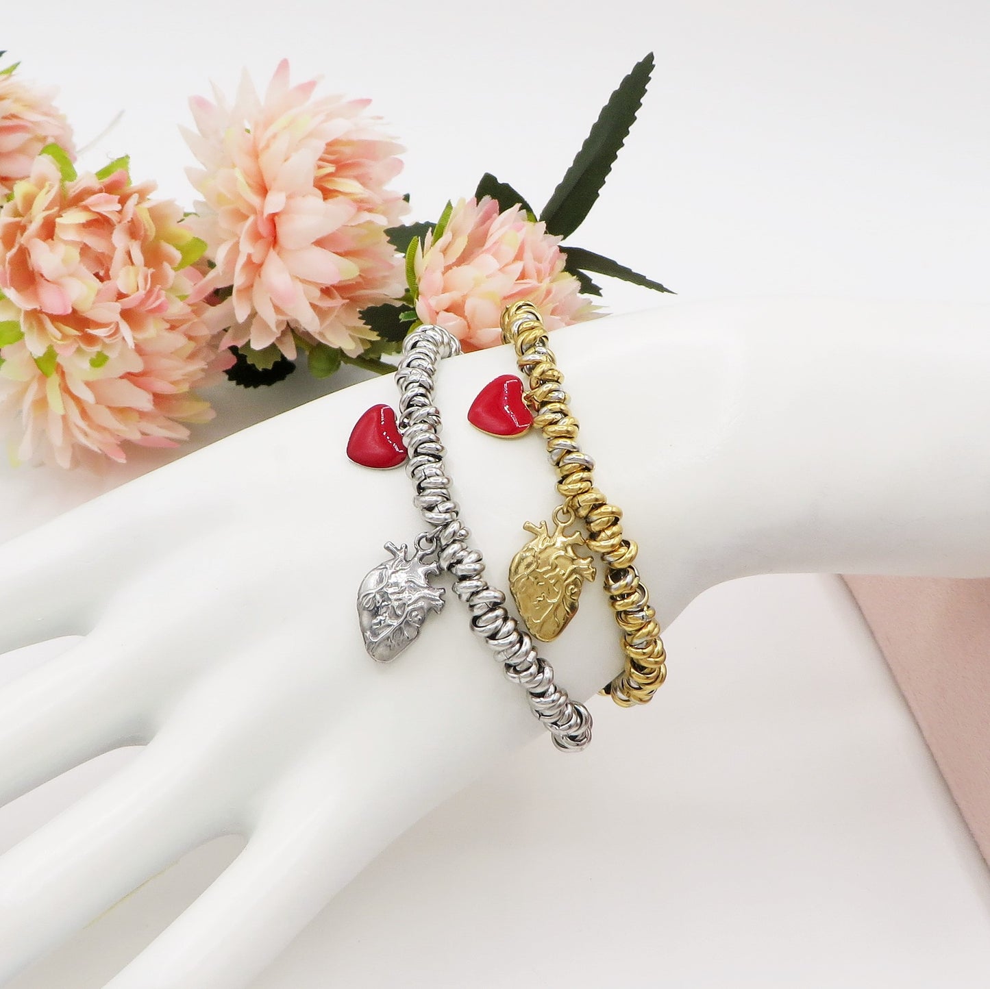 HUMAN HEART - Bracciale con cuore anatomico e nodini ACCIAIO INOSSIDABILE