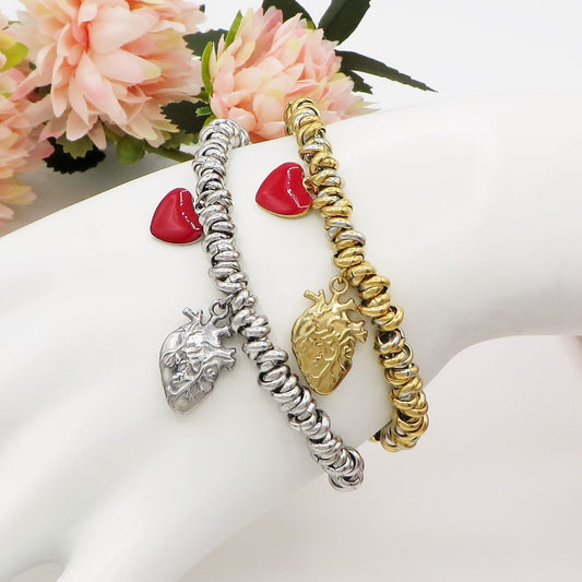 HUMAN HEART - Bracciale con cuore anatomico e nodini ACCIAIO INOSSIDABILE