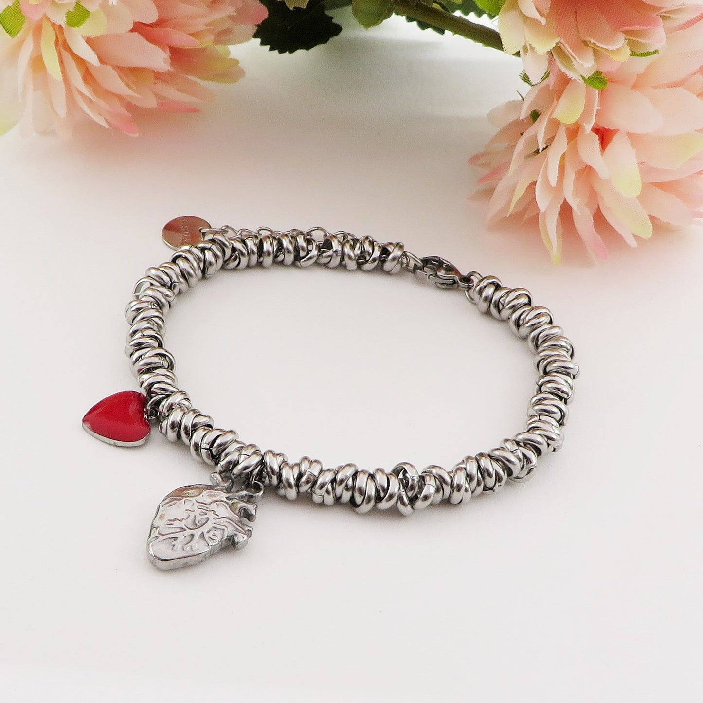 HUMAN HEART - Bracciale con cuore anatomico e nodini ACCIAIO INOSSIDABILE