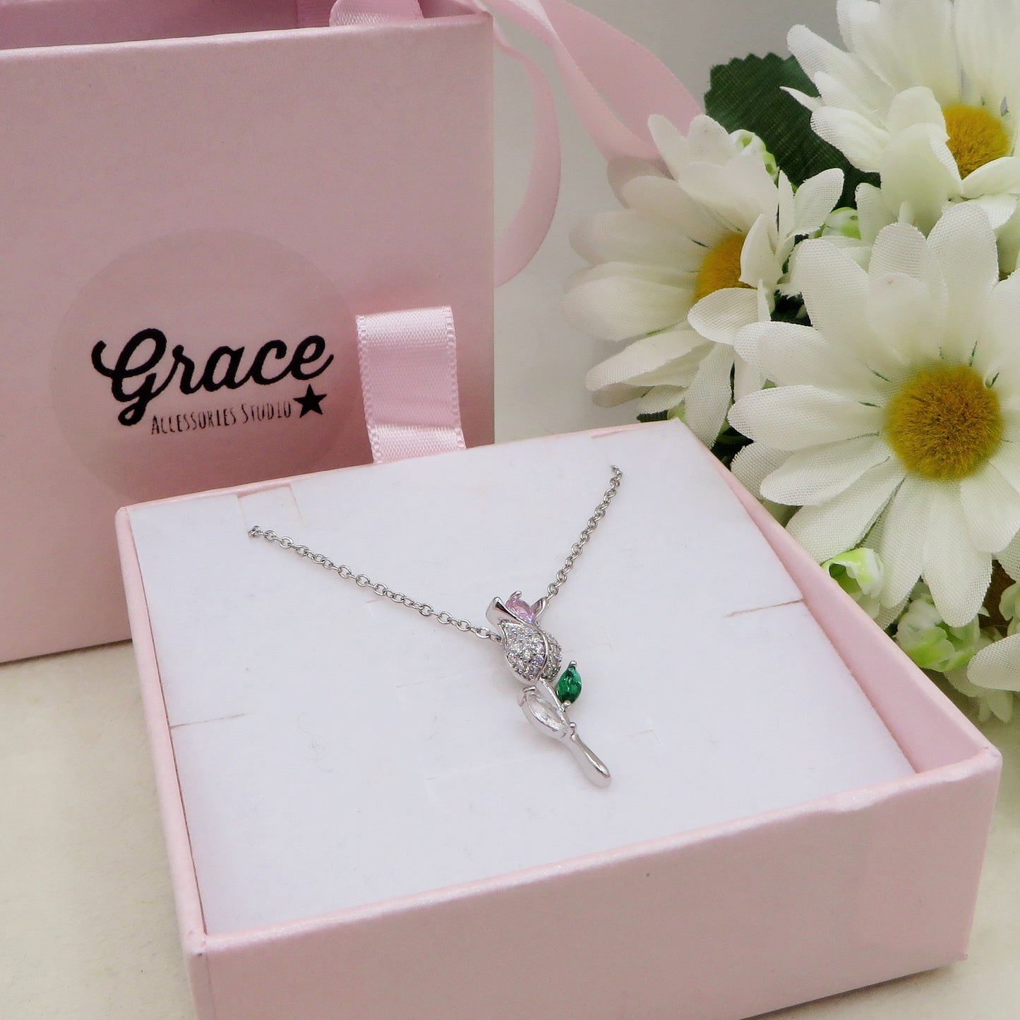 LIFE ROSE SHINE - ACCIAIO INOSSIDABILE- Collana con pendente ROSA in cubic zirconia