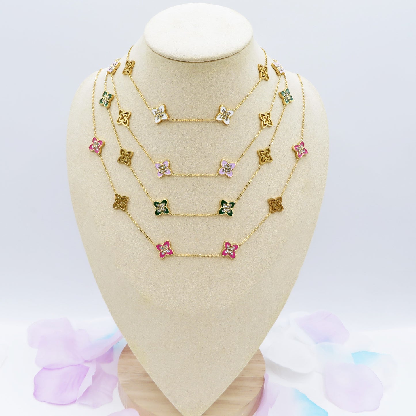 LILY SHINE ~ Collana flowers in ACCIAIO inossidabile smaltato + cubic zirconia