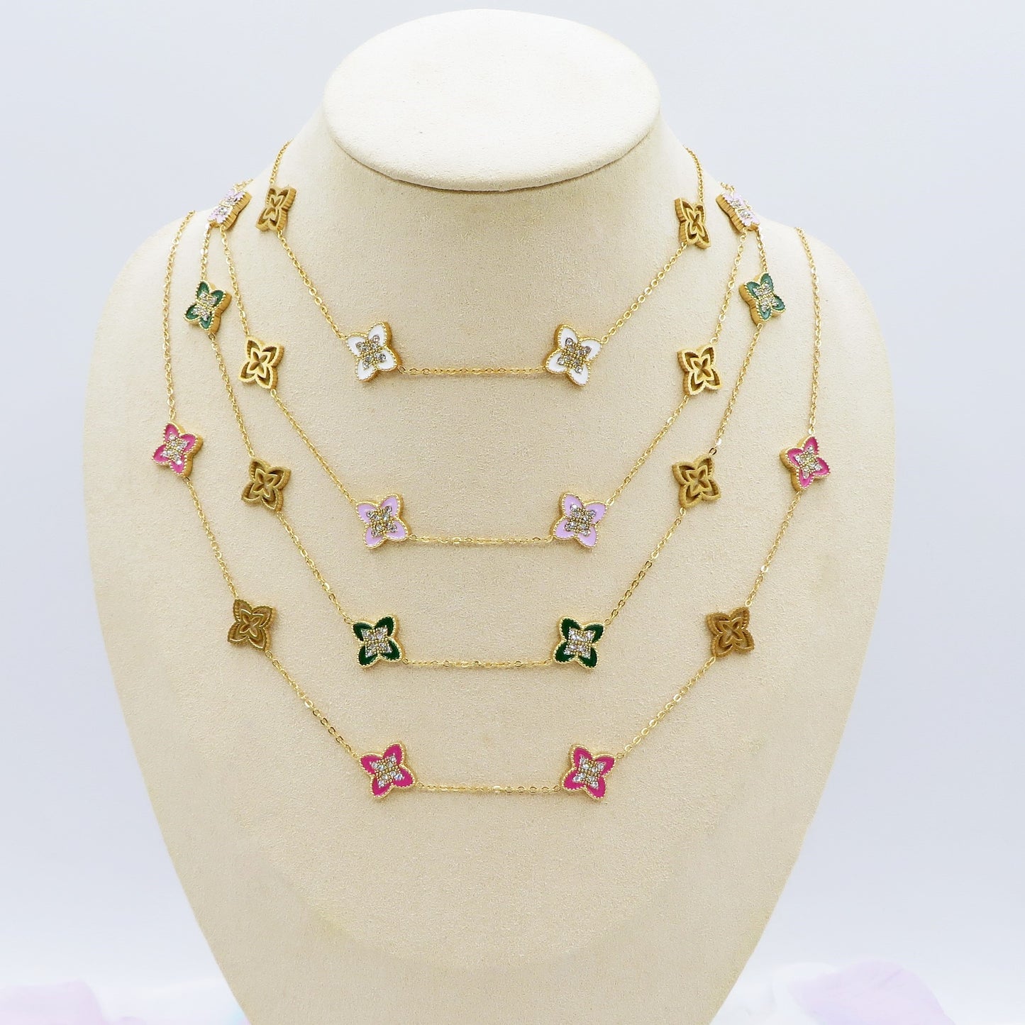 LILY SHINE ~ Collana flowers in ACCIAIO inossidabile smaltato + cubic zirconia