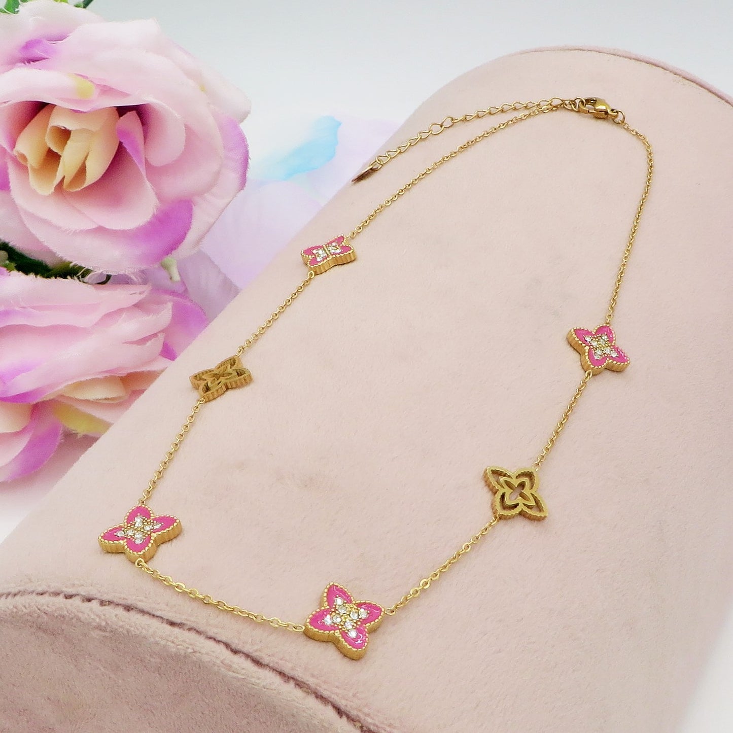 LILY SHINE ~ Collana flowers in ACCIAIO inossidabile smaltato + cubic zirconia