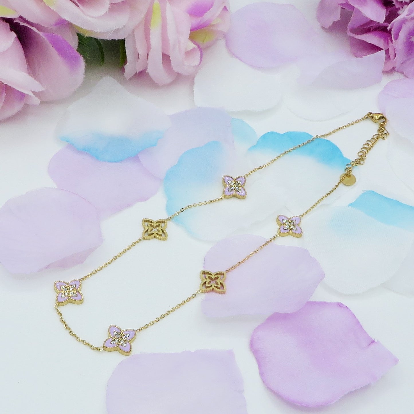 LILY SHINE ~ Collana flowers in ACCIAIO inossidabile smaltato + cubic zirconia