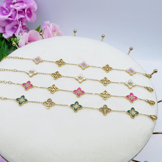 LILY SHINE ~ Bracciale flowers in ACCIAIO inossidabile smaltato + cubic zirconia