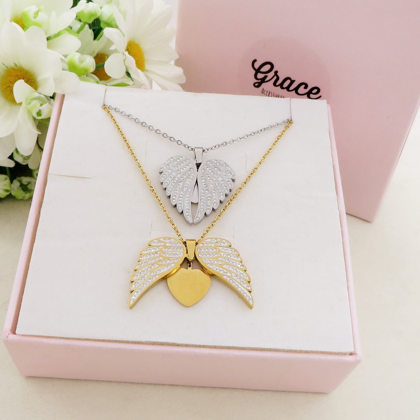 ANGEL HEART ~ ACCIAIO inossidabile - Collana ciondolo ali zirconate apribili con incisione PERSONALIZZATA