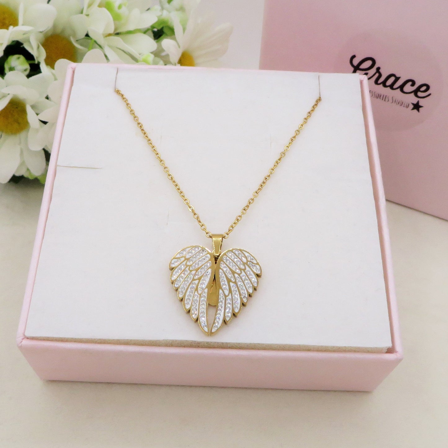 ANGEL HEART ~ ACCIAIO inossidabile - Collana ciondolo ali zirconate apribili con incisione PERSONALIZZATA