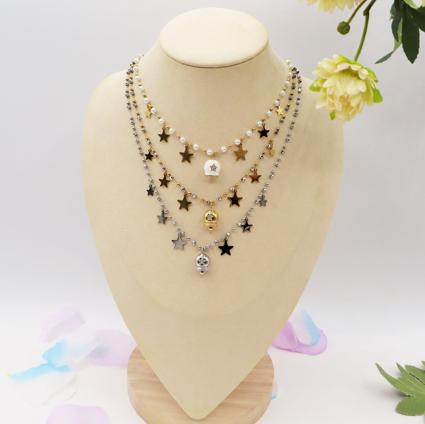 MIRABELLE - ACCIAIO INOSSIDABILE- Collana con campanella e stelline + cubic zirconia