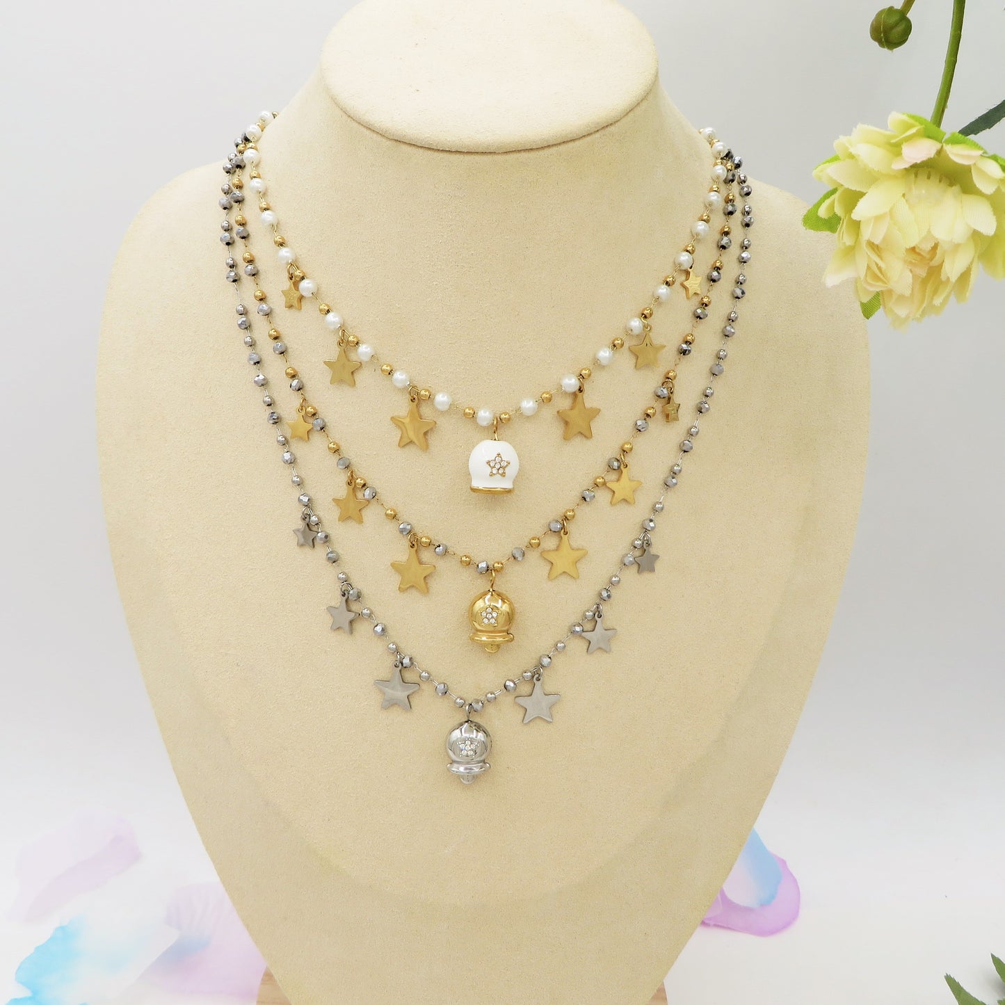 MIRABELLE - ACCIAIO INOSSIDABILE- Collana con campanella e stelline + cubic zirconia