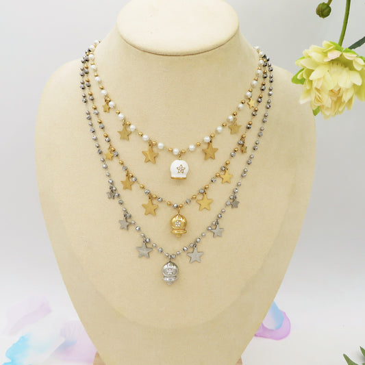 MIRABELLE - ACCIAIO INOSSIDABILE- Collana con campanella e stelline + cubic zirconia