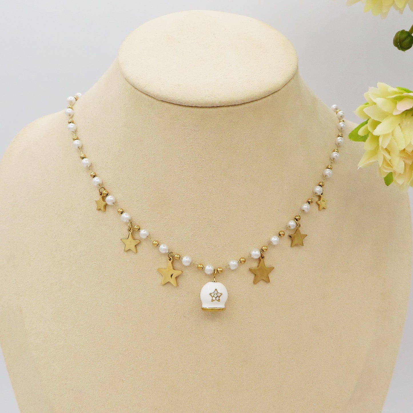 MIRABELLE - ACCIAIO INOSSIDABILE- Collana con campanella e stelline + cubic zirconia