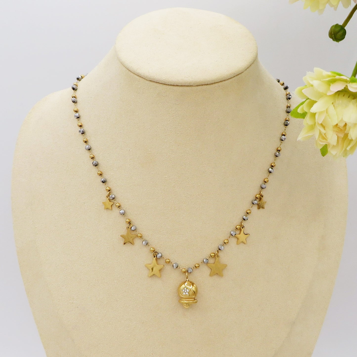 MIRABELLE - ACCIAIO INOSSIDABILE- Collana con campanella e stelline + cubic zirconia
