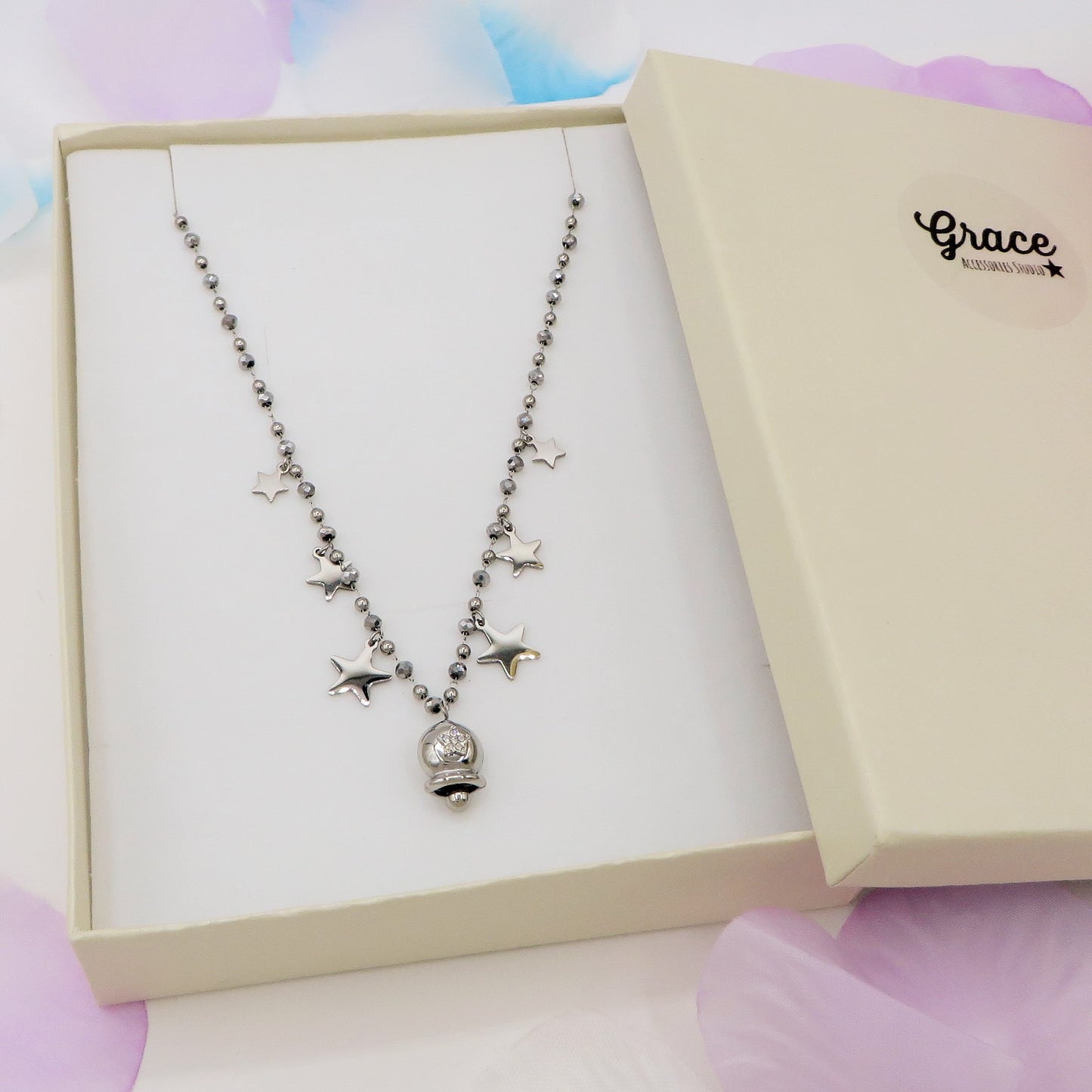 MIRABELLE - ACCIAIO INOSSIDABILE- Collana con campanella e stelline + cubic zirconia