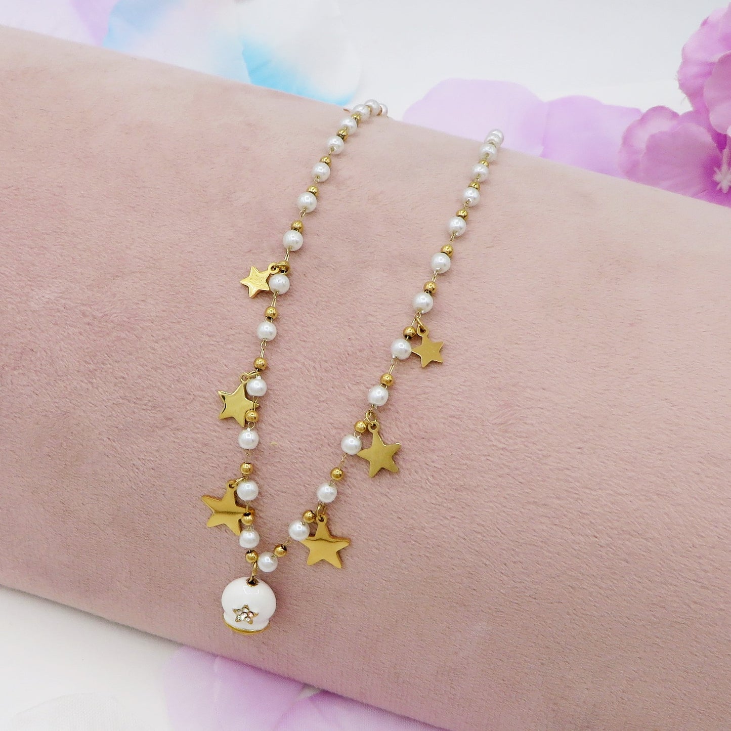MIRABELLE - ACCIAIO INOSSIDABILE- Collana con campanella e stelline + cubic zirconia