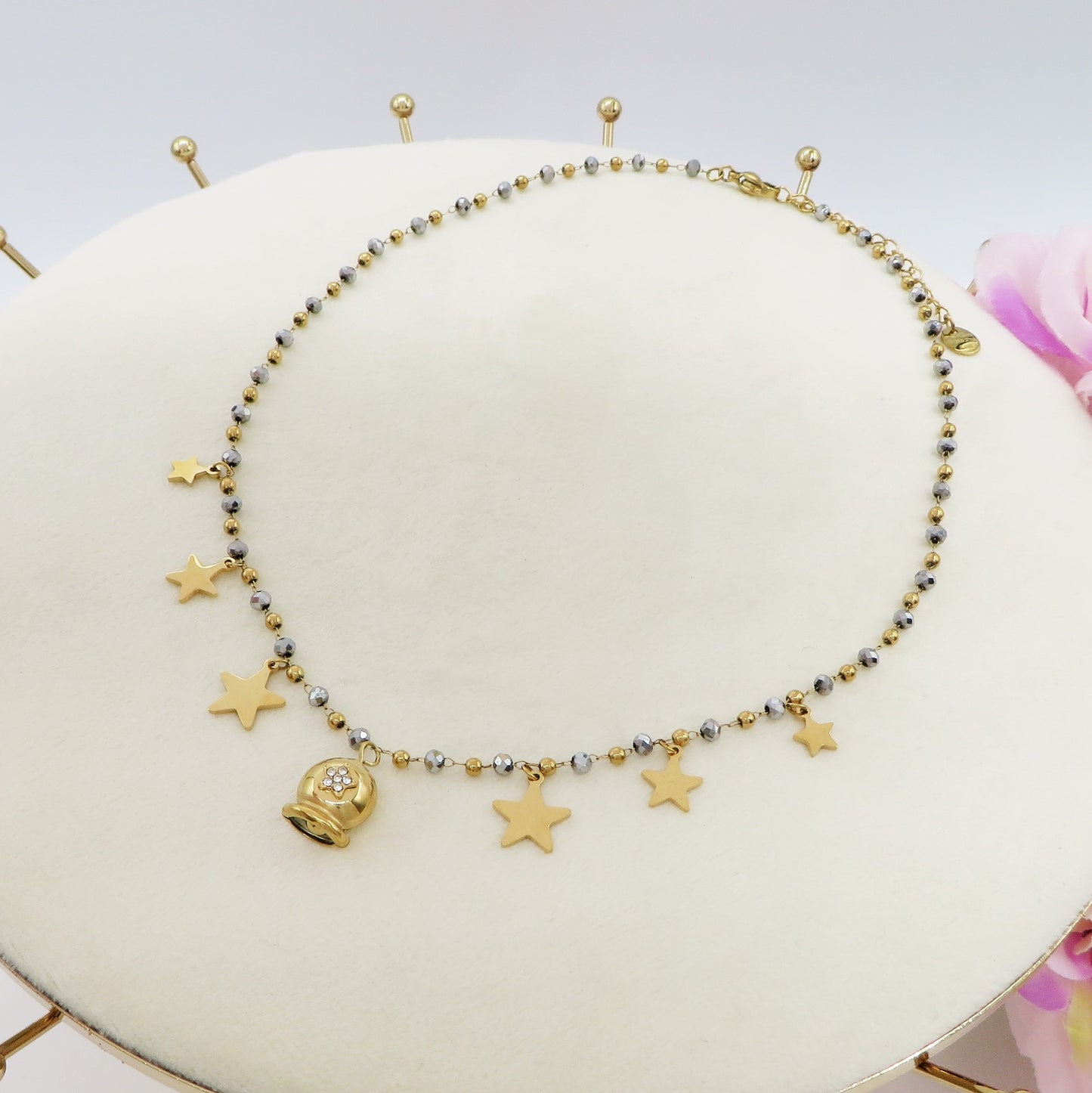 MIRABELLE - ACCIAIO INOSSIDABILE- Collana con campanella e stelline + cubic zirconia