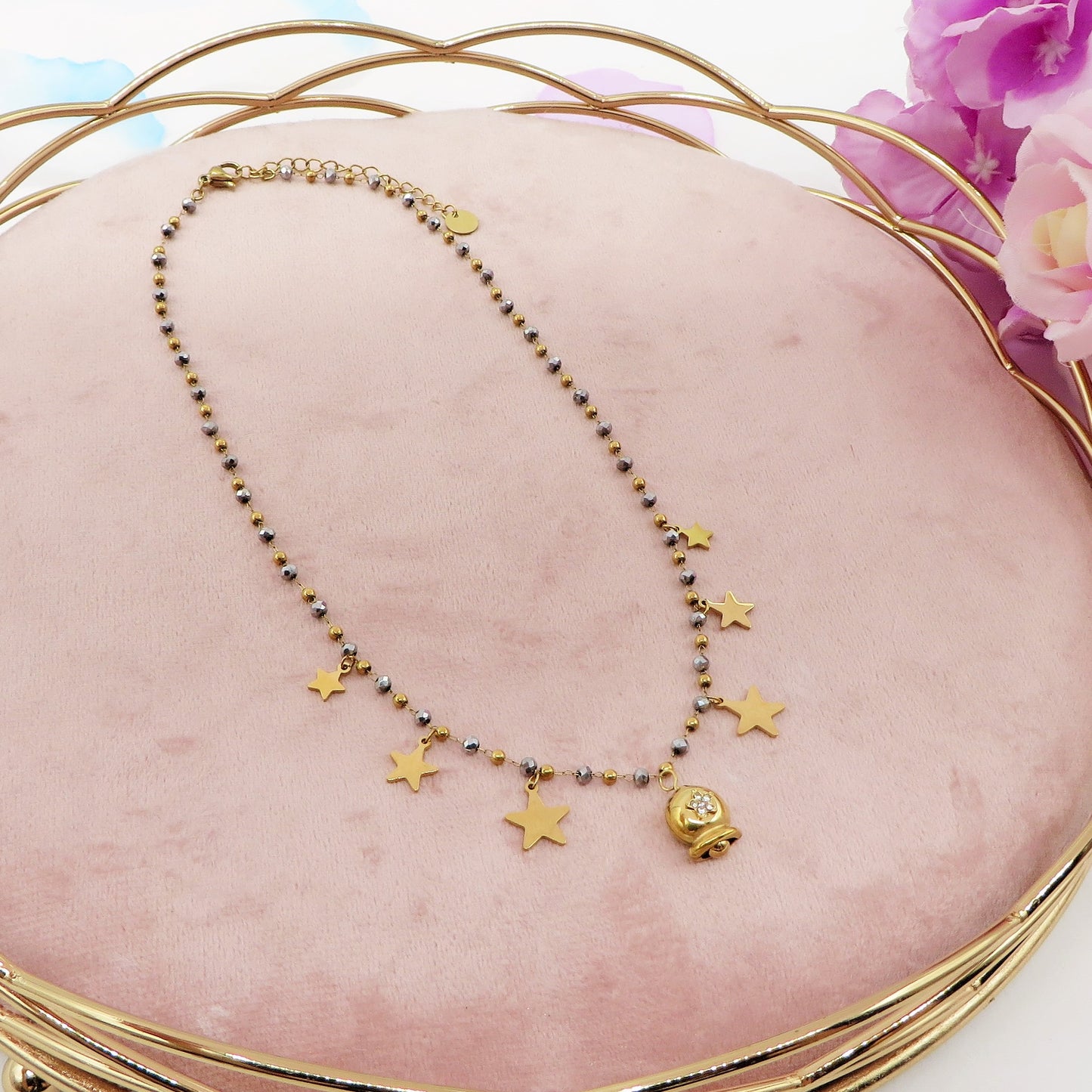 MIRABELLE - ACCIAIO INOSSIDABILE- Collana con campanella e stelline + cubic zirconia