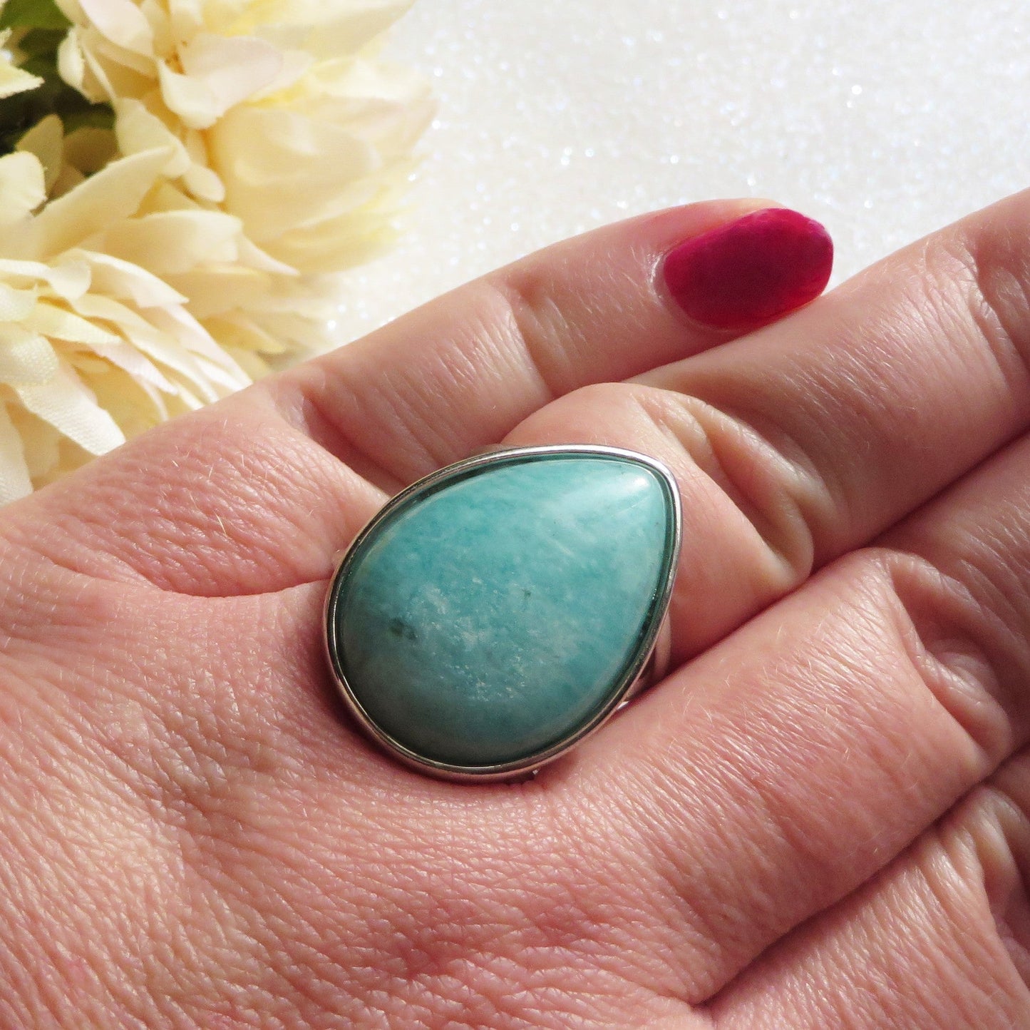 AKASA DROP ~ Anello regolabile in AMAZZONITE naturale