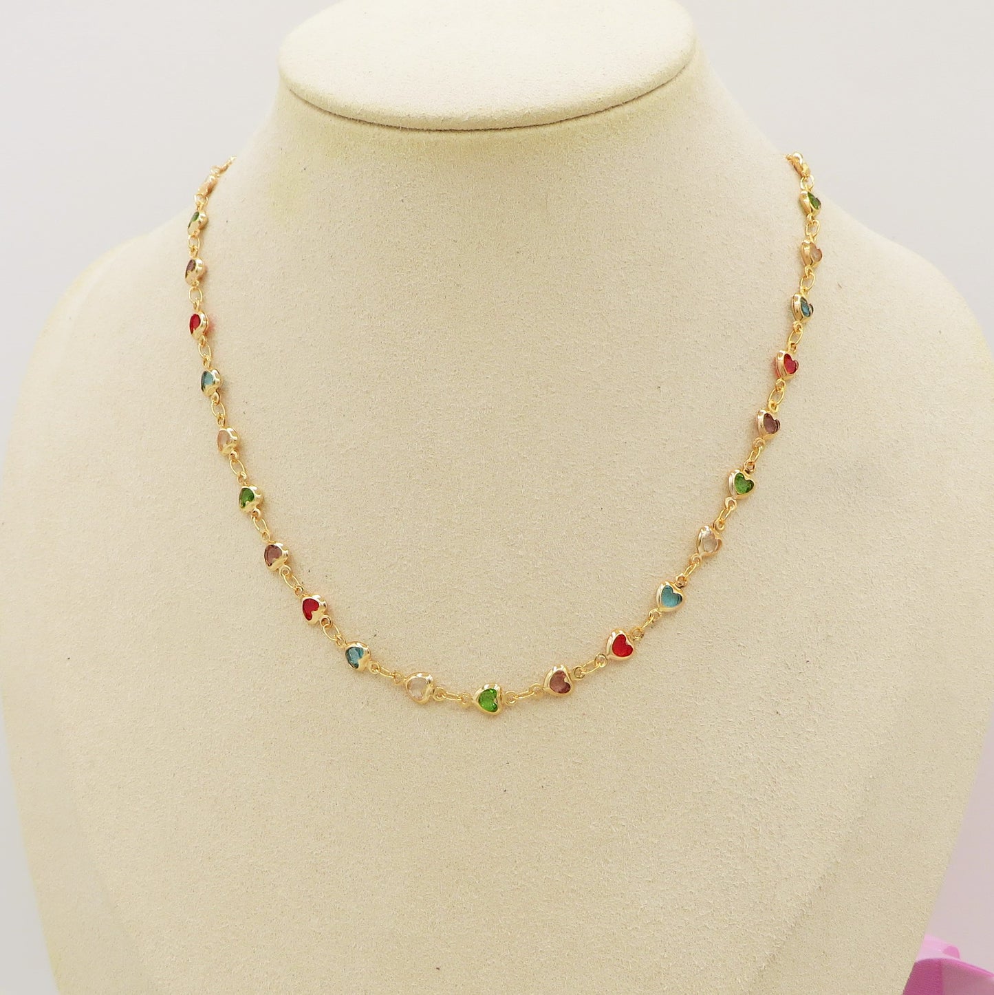 GRENADA ~ Collana ACCIAIO INOSSIDABILE con cuori zirconati rainbow